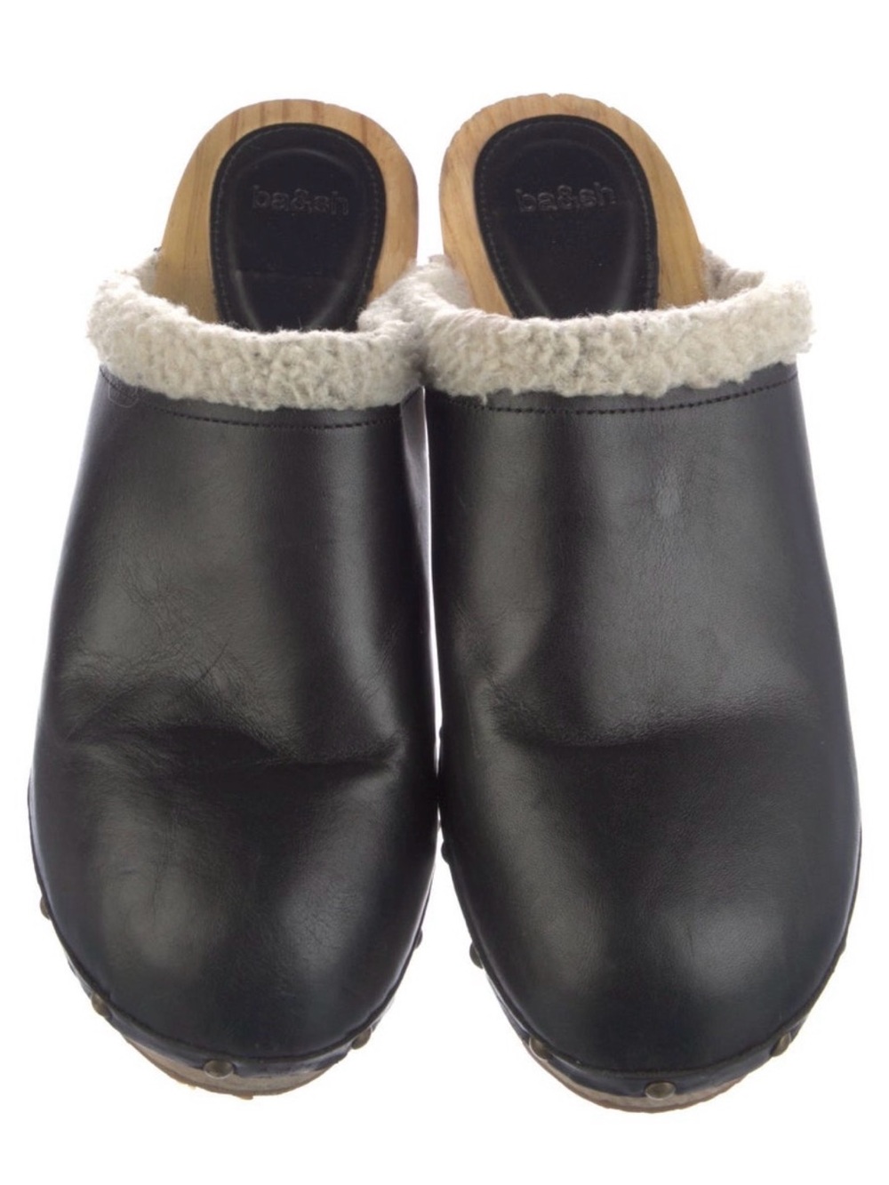 Size 9 BA&SH Wooden Black Leather Clogs